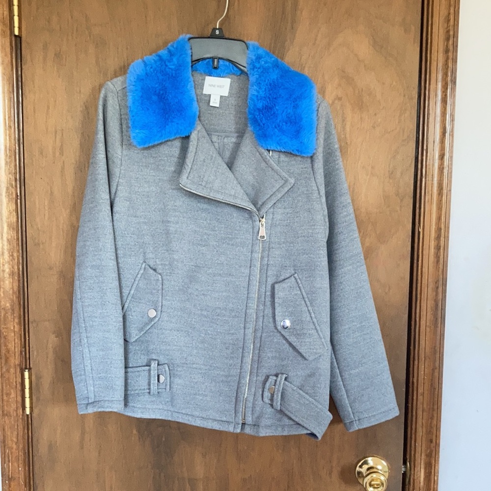 Relist 11/10❌ Nine West blue faux fur collar gray coat size S - Picture 8 of 16
